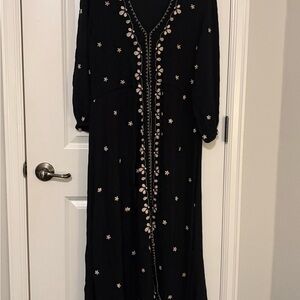NATURAL LIFE Black Maxi Dress with Light Pink Floral Embroidery